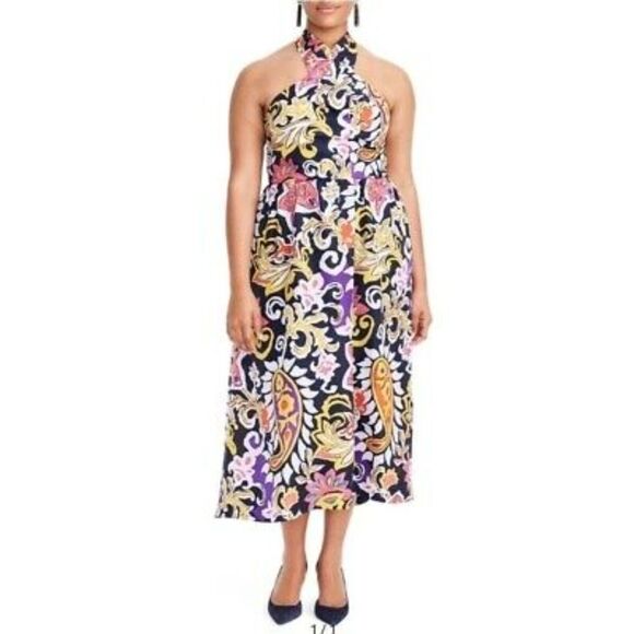 NWT J. CREW Blue Yellow Paisley 100% Silk Sarong Boho Summer Midi Dress Size 14 - Picture 10 of 10